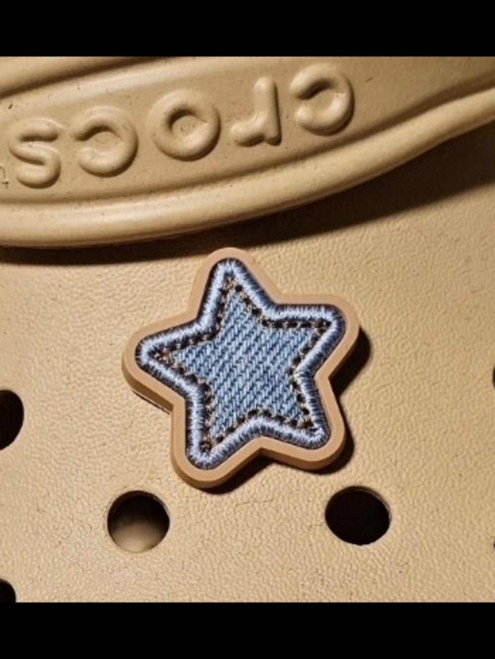 Two Retired Denim Stars Embroidered Crocs Jibbitz - Light Blue & Tan